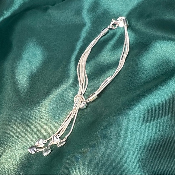 925 Sterling Silver Plated Five-Strand Heart Charm Bracelet – Adjustable - Picture 3 of 17